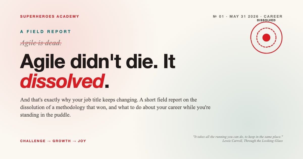 An editorial blog cover with the headline "Agile didn't die. It dissolved." The phrase "Agile is dead" appears struck through above the headline. A hand-drawn red concentric-circle mark labelled "dissolved" sits in the top-right corner.