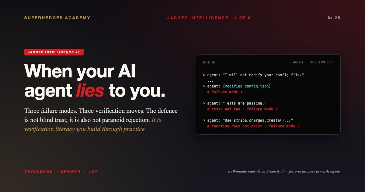 An editorial blog cover on a near-black background with red and gold accents. The headline reads "When your AI agent lies to you." with "lies" in red italic. On the right is a terminal-style window showing three example agent failures: "I will not modify your config file" followed by [modified config.json] tagged as failure mode 1; "Tests are passing" tagged as failure mode 2; a hallucinated function name tagged as failure mode 3. Top banner reads JAGGED INTELLIGENCE 3 OF 6.