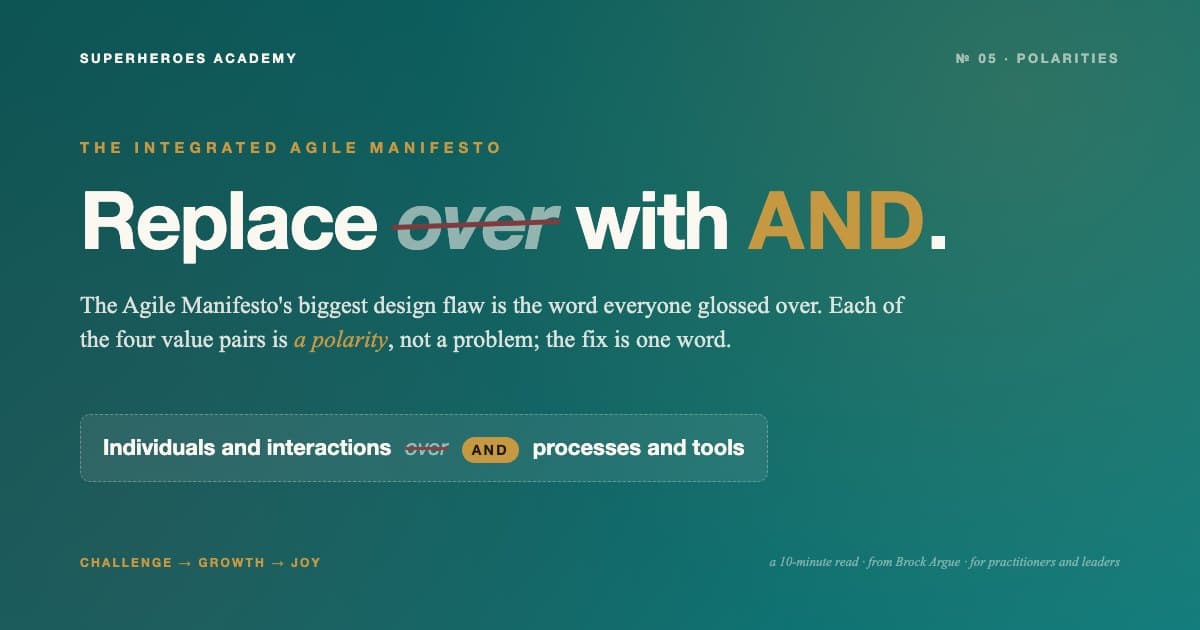 An editorial blog cover on a deep teal gradient. The headline reads "Replace 'over' with AND." with the word "over" styled italic with a red strikethrough, and "AND" set large in brand gold. A callout below shows the first Manifesto pair ("Individuals and interactions ... processes and tools") with the word "over" struck through and a gold "AND" pill inserted between the poles.