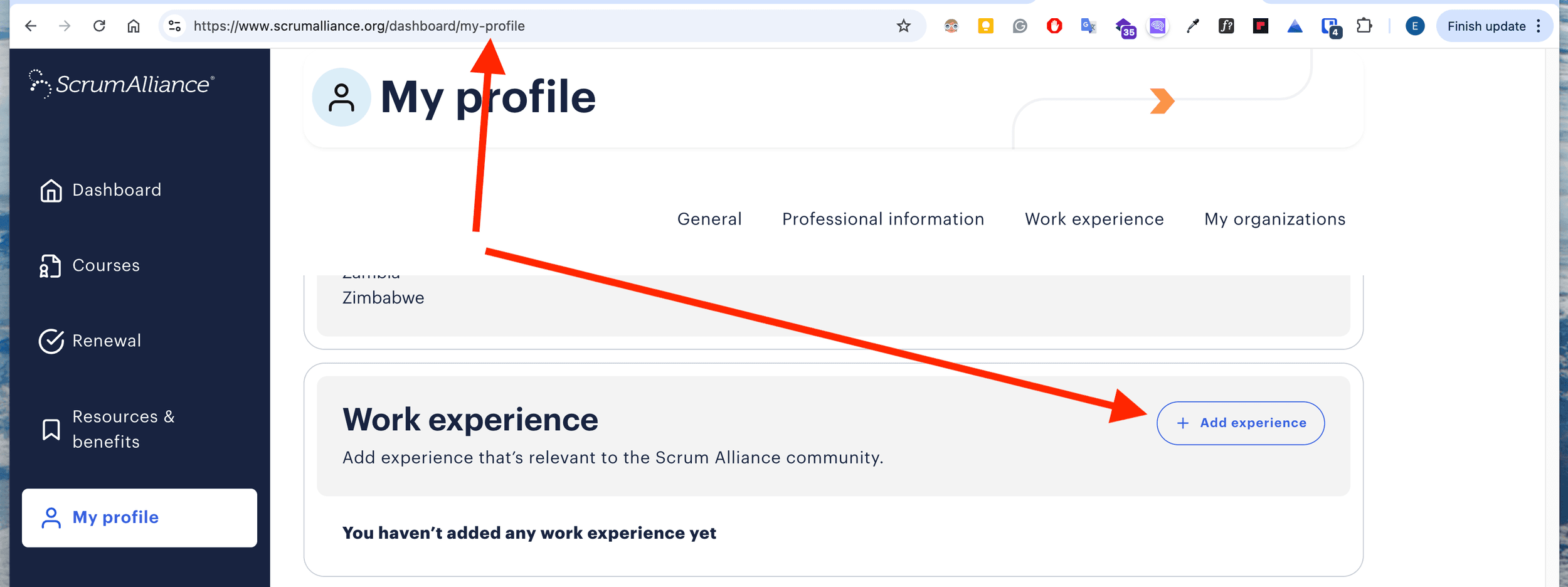 Add Experience step one screenshot.