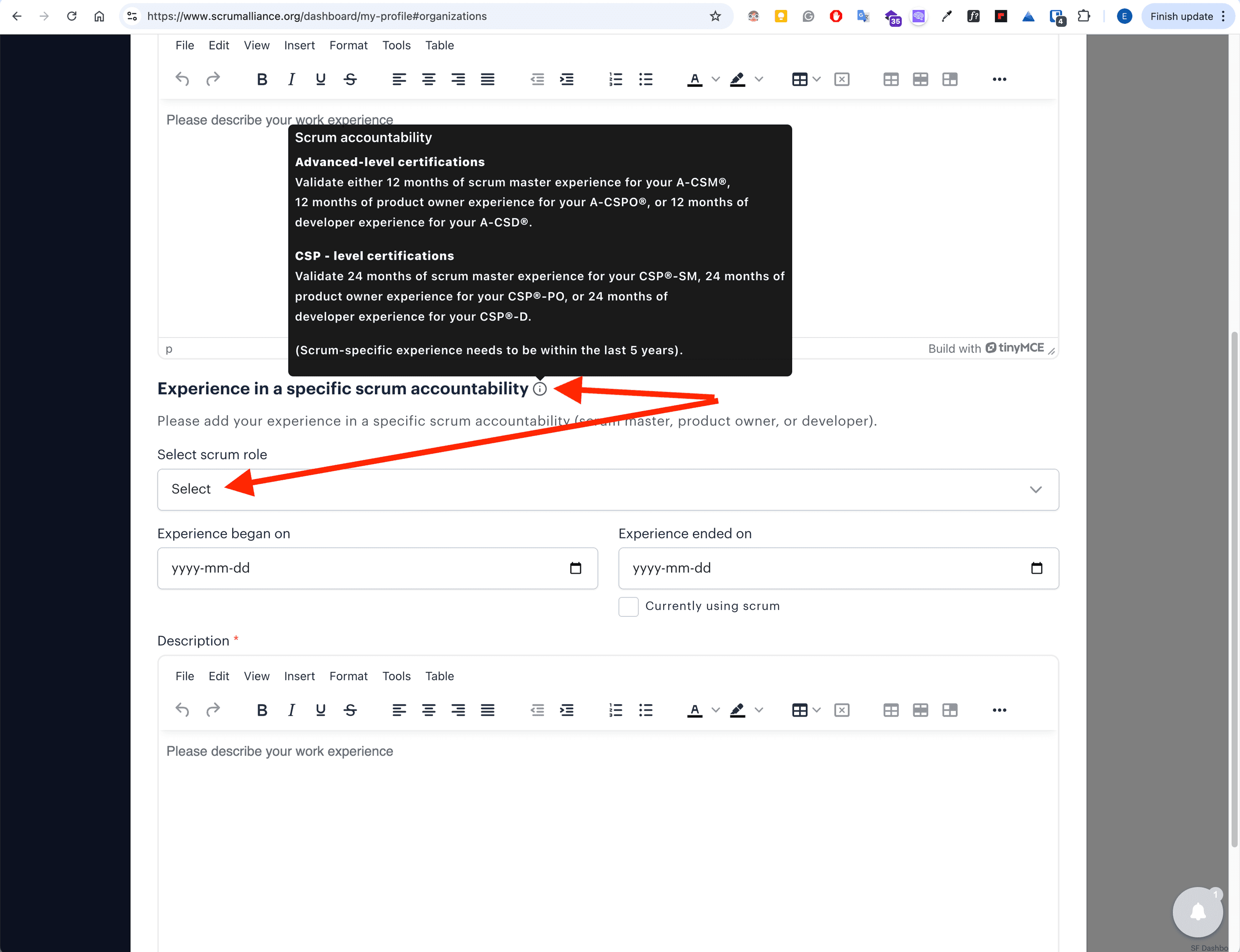 Add Experience step two screenshot.