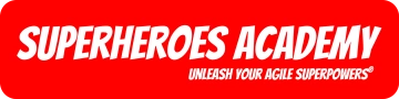 The official red logo of Superheroes Academy with the tagline, "Unleash Your Agile Superpowers"